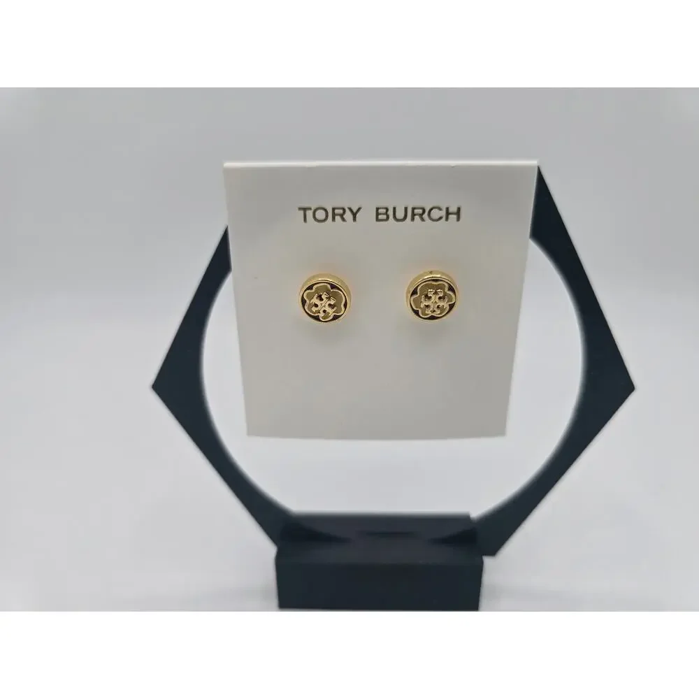 Tory Burch Kira Gold-Tone Round Stud Earrings w/Yellow Background & TB Logo